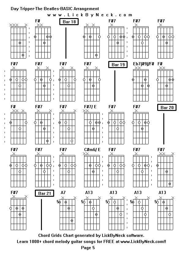 Chord Grids Chart of chord melody fingerstyle guitar song-Day Tripper-The Beatles-BASIC Arrangement,generated by LickByNeck software.